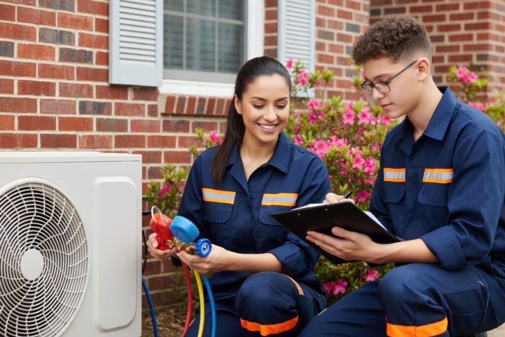 Technicians working on a condenser