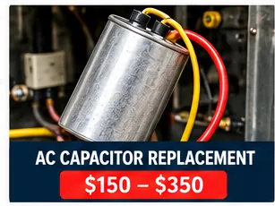 AC capacitor replacement graphic showing a typical Houston price of $150 to $350