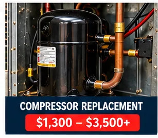 AC compressor replacement graphic showing a Houston price range of $1,300 to $3,500 or more