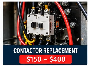 AC contactor replacement graphic showing a typical Houston price of $150 to $400