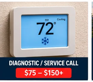 AC diagnostic service call graphic showing a Houston price range of $75 to $150 or more