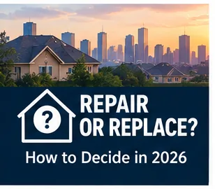 Houston AC repair or replacement decision graphic for 2026