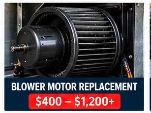Blower motor replacement graphic showing a typical Houston price of $400 to $1,200 or more