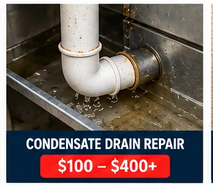 Condensate drain repair graphic showing a Houston price range of $100 to $400 or more