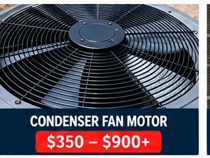 Condenser fan motor graphic showing a typical Houston replacement price of $350 to $900 or more