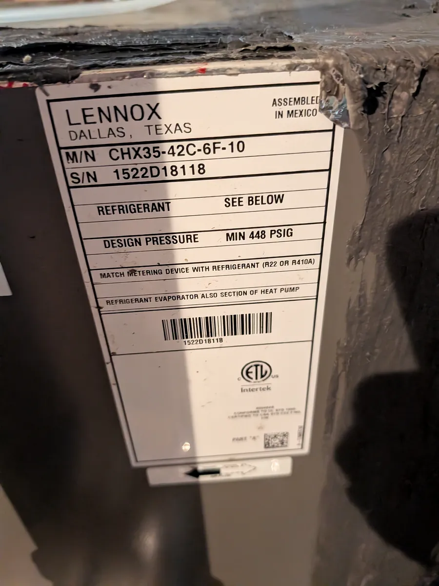 Lennox CHX35-42 evaporator coil data plate documented during the diagnostic