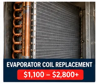 Evaporator coil replacement graphic showing a Houston price range of $1,100 to $2,800 or more