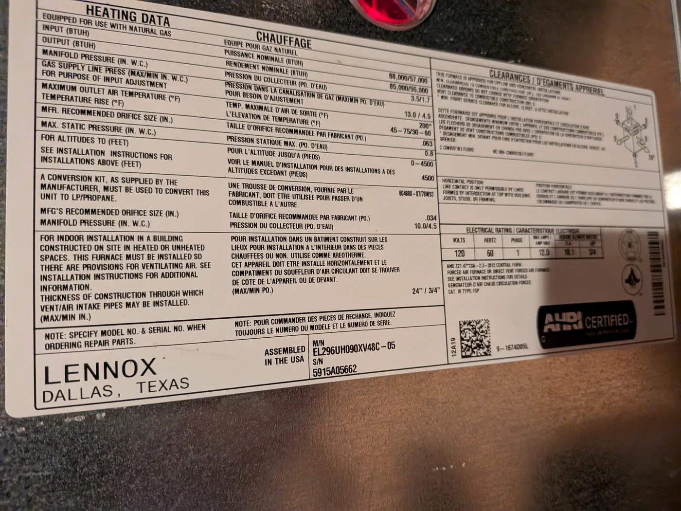 Lennox EL296 variable-speed furnace data plate documented during a Magnolia HVAC diagnostic