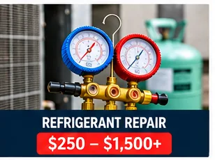 Refrigerant repair graphic with manifold gauges and a Houston price range of $250 to $1,500 or more